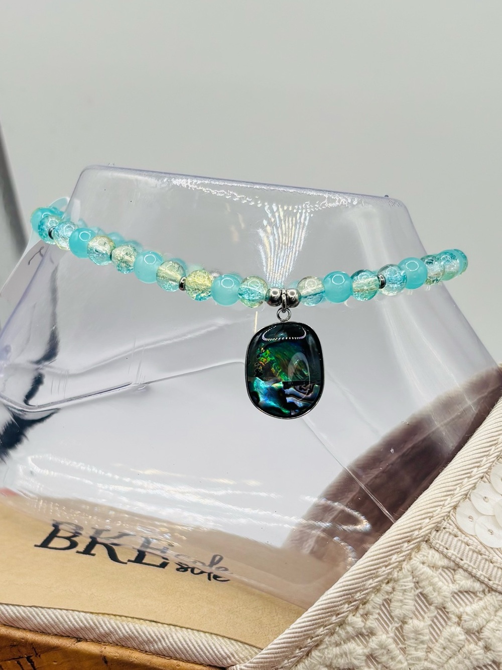 *ANKLET* S. Steel Abalone & Teal Yellow Crystal Stretchy Anklet - Picture 4 of 7